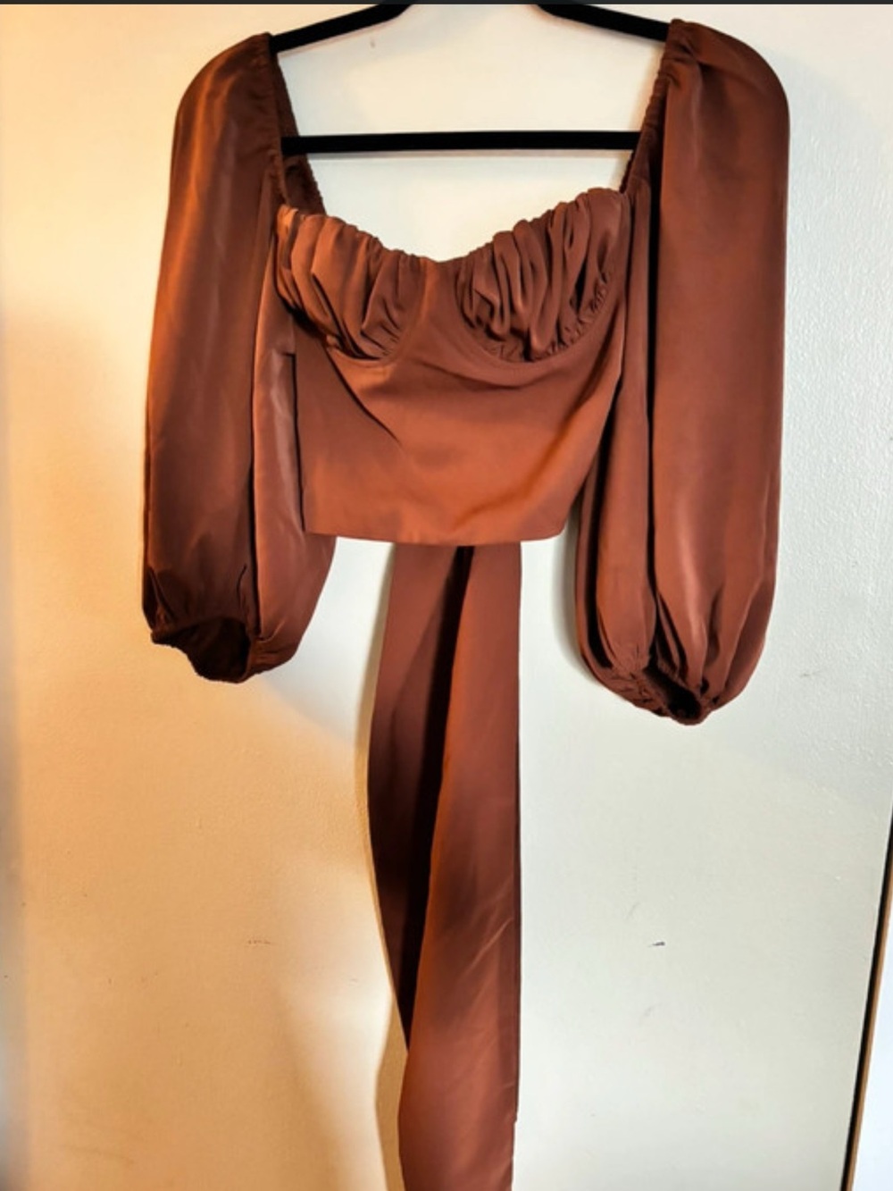 12th Tribe Brown Long Sleeve Tie-Front Crop Top